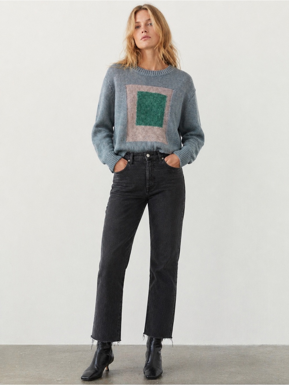 Zara Colorblock Knit Sweater Minimalist Scandi Heathered Green Gray Size M